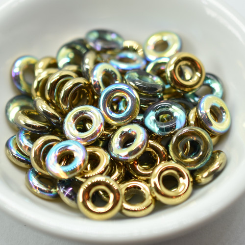 15 Beads - 10mm Ring, Crystal Golden Rainbow, Czech Glass