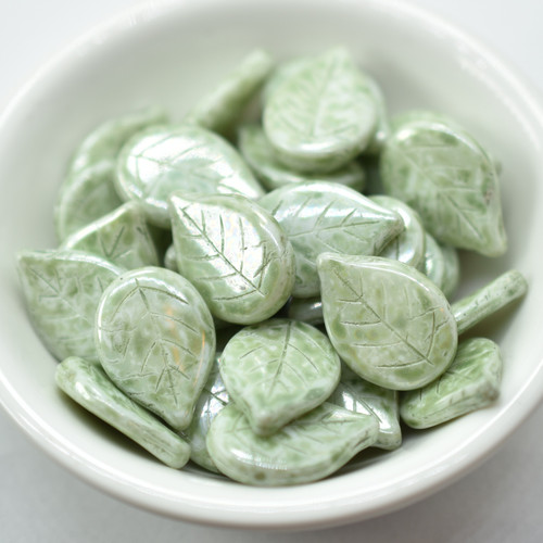 10 Beads - 13x18mm Leaf - Chalk Green Marble - Czech Glass Beads