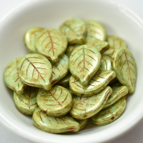 10 Beads - 13x18mm Leaf - Chalk Green Picasso - Czech Glass Beads