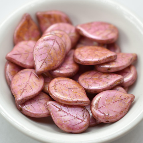 10 Beads - 13x18mm Leaf - Chalk Pink Picasso - Czech Glass Beads