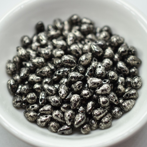 50 Beads - 4x6mm Teardrop Jet Antique Chrome - Czech Glass