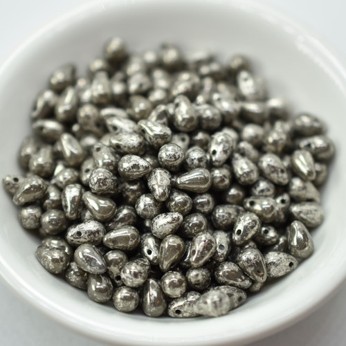 50 Beads - 4x6mm Teardrop Chalk Antique Chrome - Czech Glass