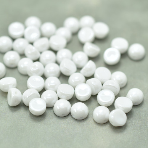 20 Beads - Cabochon 6mm 2-Hole Chalk White Shimmer, Czech Glass