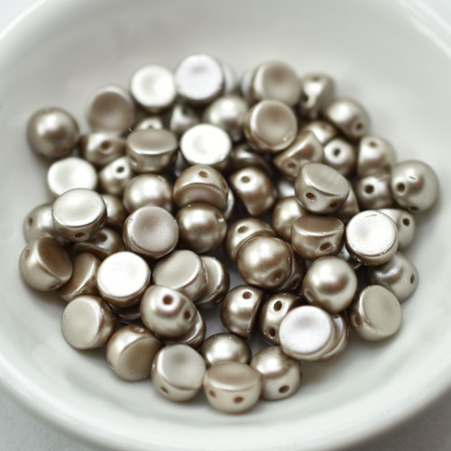 20 Beads - Cabochon 6mm 2-Hole Pastel Coco - Light Brown, Czech Glass