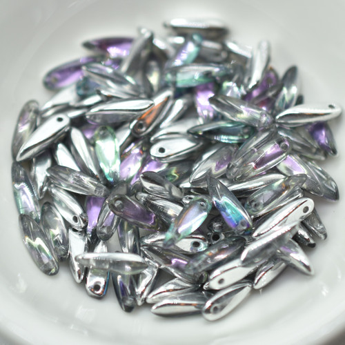 3x11mm Dagger Crystal Light Vitrail, 25 Beads, Czech Glass