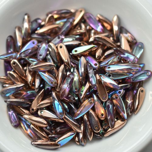 3x11mm Dagger Copper Rainbow, 25 Beads, Czech Glass