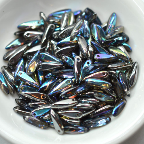 3x11mm Dagger Graphite Rainbow, 25 Beads, Czech Glass
