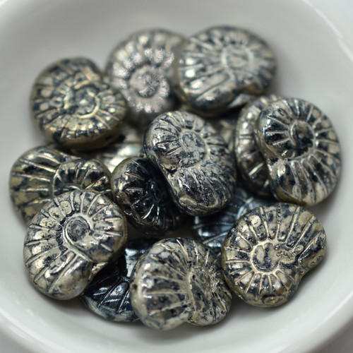 17x13 Ammonite Shell Jet Silver Picasso, 6 Beads Pressed Czech Glass