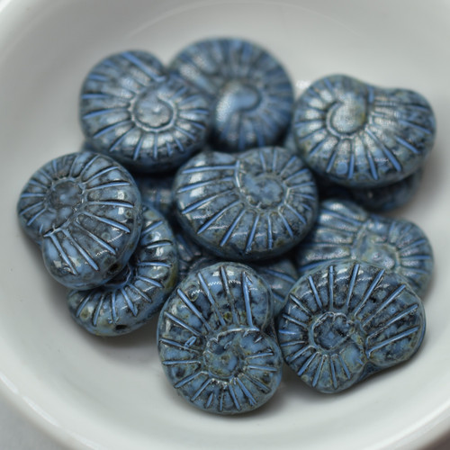 17x13 Ammonite Shell Jet Picasso Blue Stony Wash, 6 Beads Pressed Czech Glass