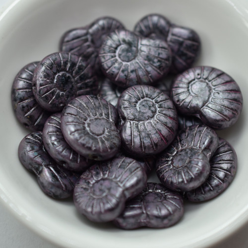 17x13 Ammonite Shell Jet Violet Stony Wash, 6 Beads Pressed Czech Glass