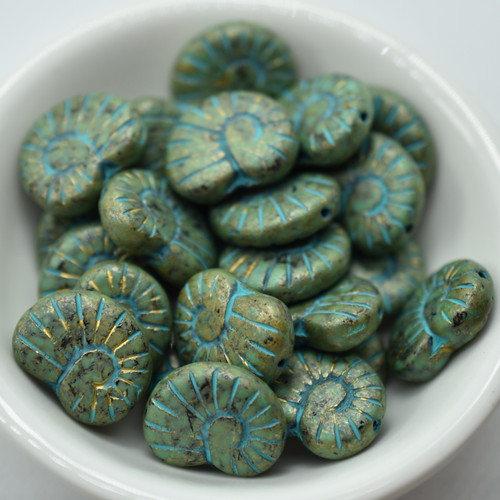 17x13 Ammonite Shell Jet Green Gold Blue Stony Wash, 6 Beads Pressed Czech Glass