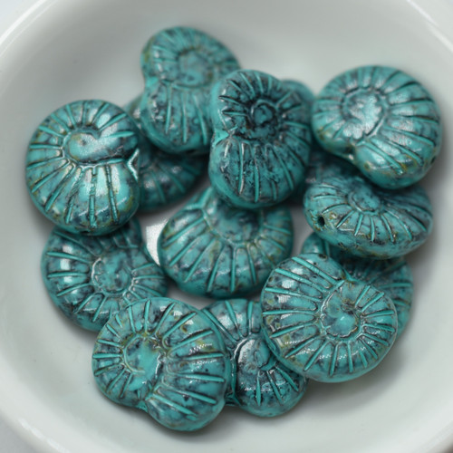 17x13 Ammonite Shell Jet Picasso Turquoise Stony Wash, 6 Beads Pressed Czech Glass