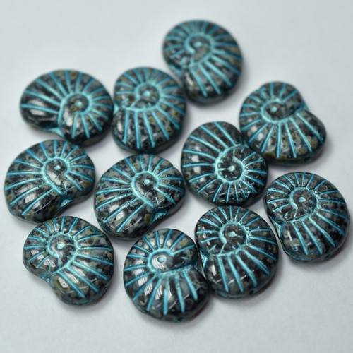 17x13 Ammonite Shell Jet Picasso Turquoise Inlay, 6 Beads Czech Glass