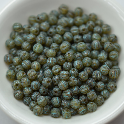 4mm Round Melon Crystal Picasso Turquoise Wash, 50 Beads Czech Glass