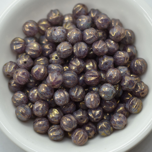 Melon Round 6mm Purple Bronze Wash, 25 Beads Czech Glass
