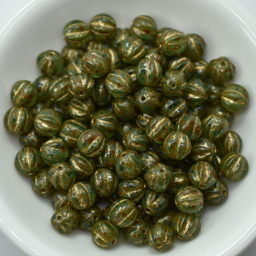 Melon Round 6mm Aqua Green Travertin Gold Inlay, 25 Beads Czech Glass