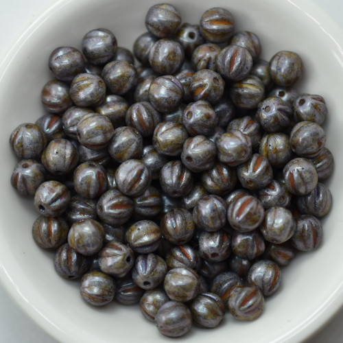 Melon Round 6mm Blue Sage Spotted, 25 Beads Czech Glass