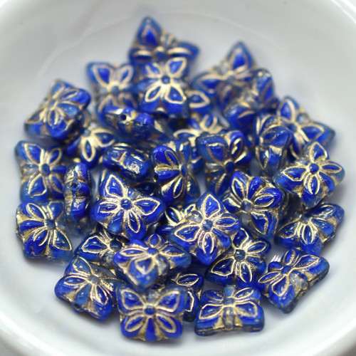 9x7mm Butterfly Blue and Clear Gold Wash, 12 Beads Czech Glass