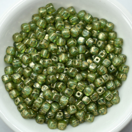 4mm Cube Transparent Aqua Gold Splash, 50 Beads Czech Glass