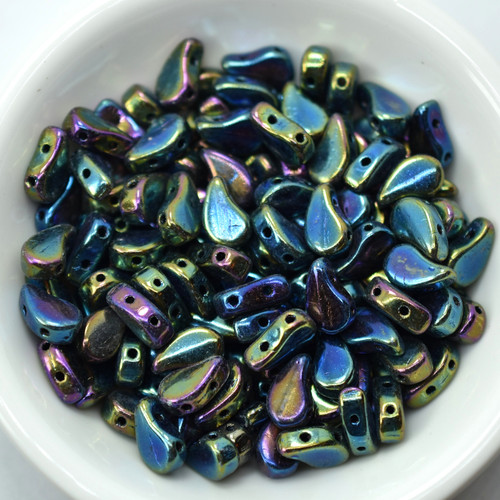 Paisley Duo Two Hole Jet Green Iris, 30 Beads Czech Glass