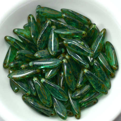 5x16mm Dagger Green Aqua Picasso, 25 Beads Czech Glass Beads