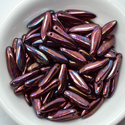 5x16mm Dagger Ruby Nebula, 25 Beads Czech Glass Beads
