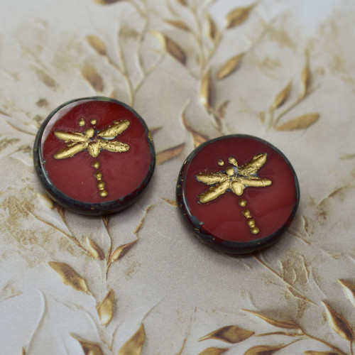 17mm Coin Table Cut Dragonfly Red Opal Picasso Gold Inlay, 2 Beads
