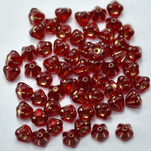 4x6mm Bell Flower Transparent Ruby Gold Inlay, 30 Beads Czech Glass