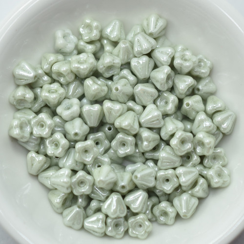 4x6mm Bell Flower Chalk Light Green Mint Luster, 30 Beads Czech Glass