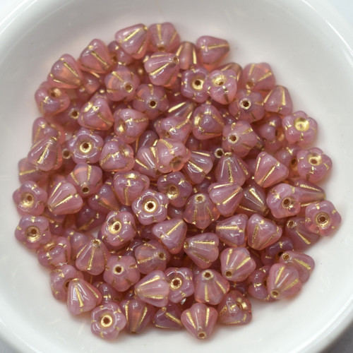 4x6mm Bell Flower Rose Opal Gold Inlay, 30 Beads Czech Glass