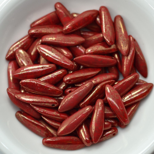 5x16mm Dagger Coral Red Terracotta Lumi, 25 Beads Czech Glass