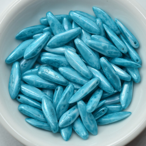 5x16mm Dagger Marbled Turquoise Wash, 25 Beads Czech Glass