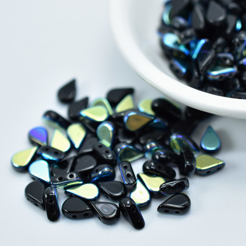 5x8mm Amos® par Puca® Two Hole Drop Shape (30 Beads) Jet AB - Czech Glass