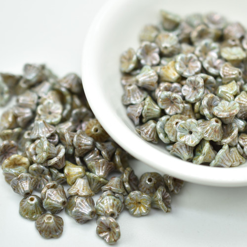 25 Beads - 7x5mm Bell Flower Cup Chalk Blue Luster Czech Glass
