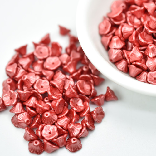 25 Beads - 7x5mm Bell Flower Cup Pastel Dark Coral Czech Glass