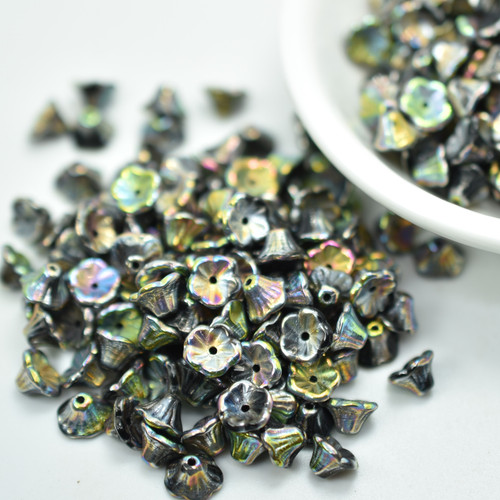 25 Beads - 7x5mm Bell Flower Cup Jet Full Vitrail - Czech Glass