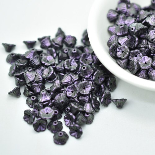 25 Beads - 7x5mm Bell Flower Polychrome Black Raspberry - Czech Glass