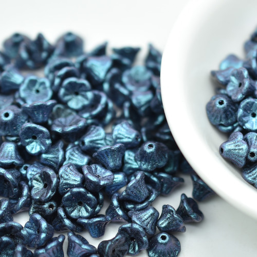 25 Beads - 7x5mm Bell Flower Polychrome Blueberry - Czech Glass