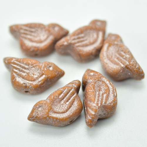11x22 mm Bird - 2 Beads - Terracotta, Glittery Beige Wash - Czech Glass