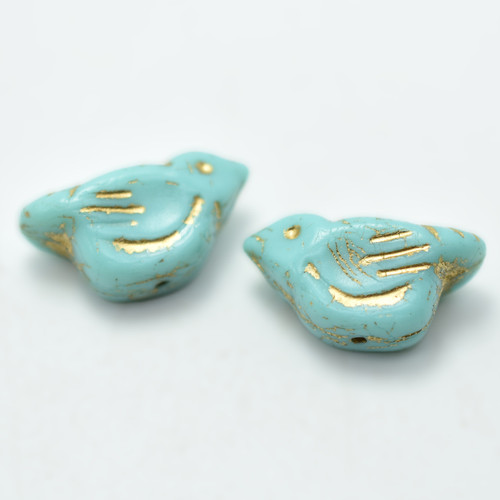 11x22 mm Bird - 2 Beads - Jade Green Gold Wash - Czech Glass