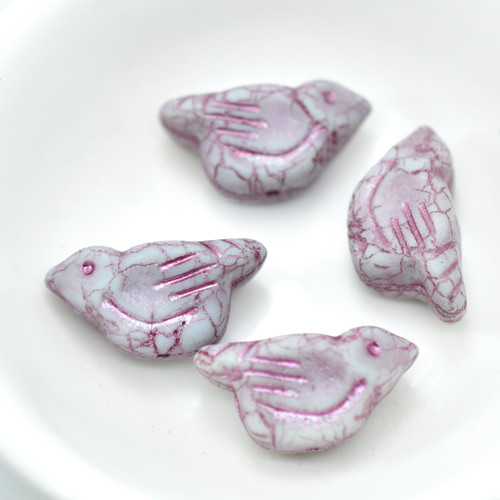 11x22 mm Bird - 2 Beads - Matte Thistle, Pink Wash - Czech Glass