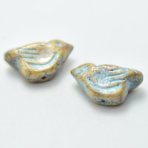 11x22 mm Bird - 2 Beads - White Turquoise and Picasso Finish - Czech Glass