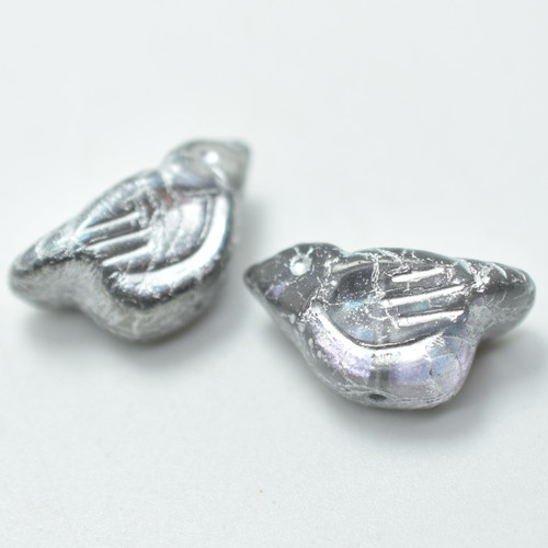 11x22 mm Bird - 2 Beads - Grey Etched Silver, AB - Czech Glass