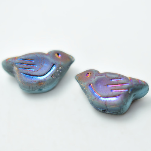 11x22 mm Bird - 2 Beads - Matte Blue Metallic Volcano Wash - Czech Glass