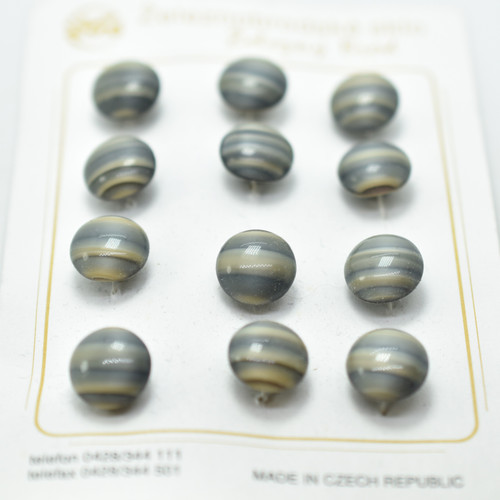 12 Buttons- 12mm Carded Beige Black Gray Stripe, Glass Shank - Czech Glass