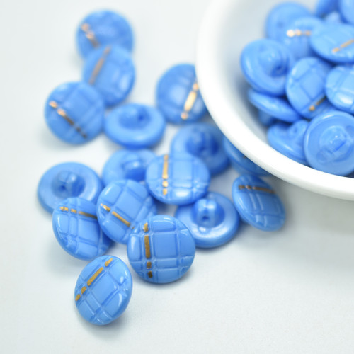 10 Pieces - 14mm Button Opaque Blue Gold Plaid, Glass Shank - Czech Glass