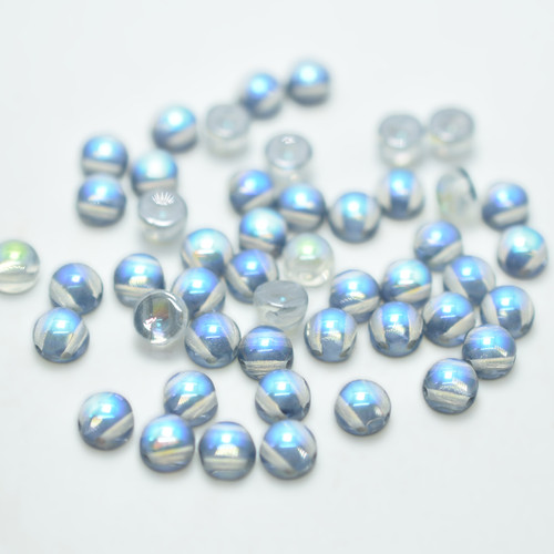 20 Beads - Cabochon 6mm 2-Hole Crystal Blue Rainbow, Czech Glass