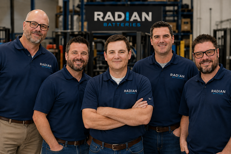 Radian Batteries team pictured from left to right: Michael, Greg, Alex, Mike, and Rob