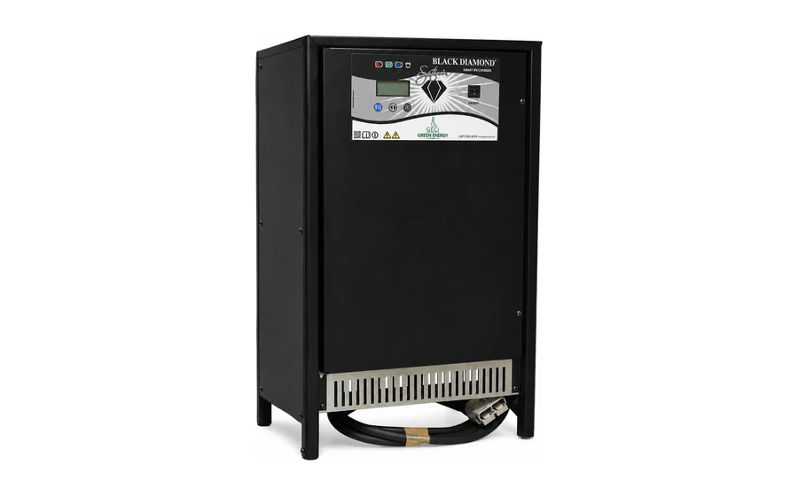 Black Diamond industrial battery charger with its output cable coiled at the base