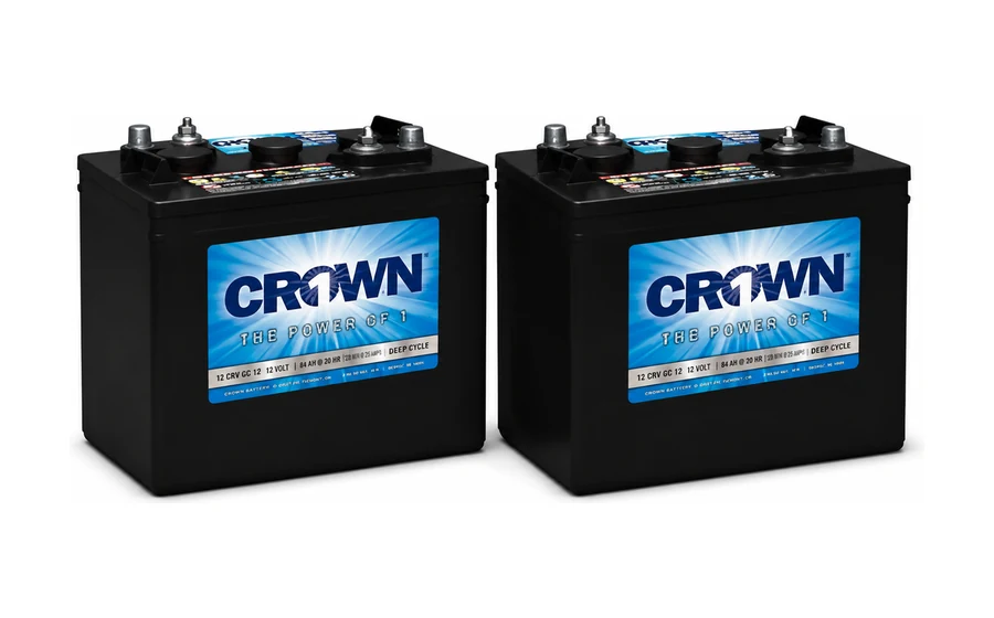 Two Crown deep-cycle batteries wired together as a 24-volt pack